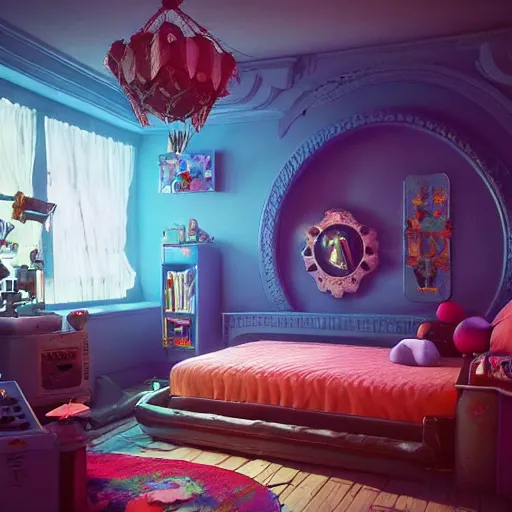 Image similar to 80s gaming kid's bedroom:: by beeple and James Gilleard and Justin Gerard :: ornate, dynamic, particulate, intricate, elegant, highly detailed, centered, artstation, smooth, sharp focus, octane render, 3d