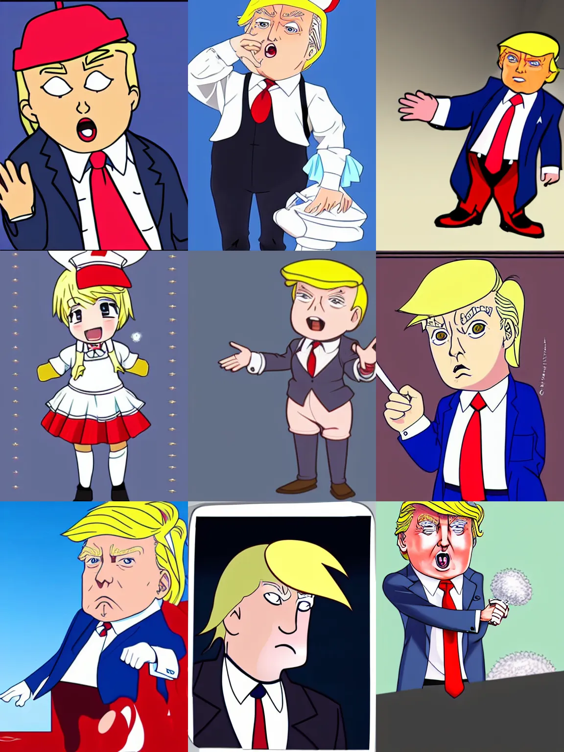 Prompt: cute donald trump wearing a maid outfit, modern anime, anime, cel - shaded, toon boom, kawaii