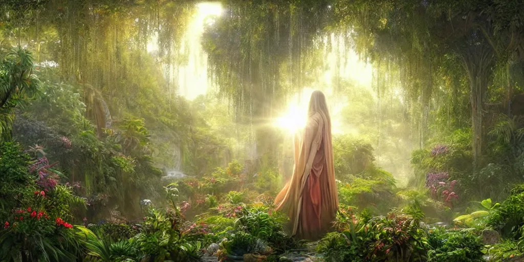 Image similar to long shot of a bright sun shining through a gardens in the bay interior, mystical woman wearing a cloak walking in over grown botanical garden, pre raphaelite, atmospheric, ground mist, waterfalls, light streams, style of gardens in the bay singapore, art by artgerm, sharp, intricate detail,