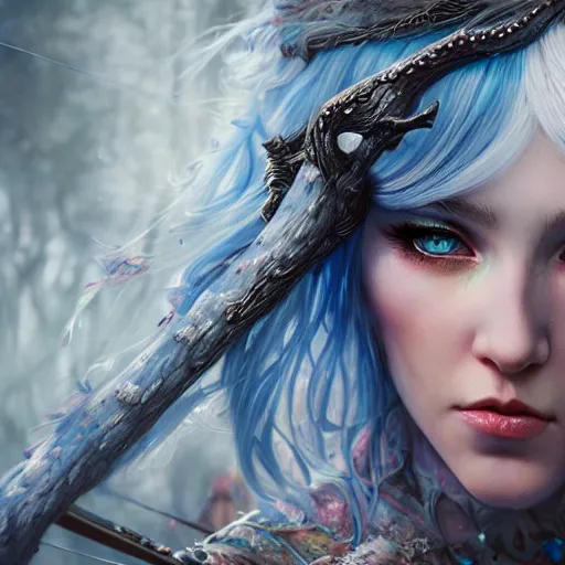 Image similar to detailed photo of elven archer girl, white hair, blue eyes, beautiful, 8 k, by tristan eaton, stanley artgermm, tom bagshaw, greg rutkowski, carne griffiths, trending on deviantart, hyper detailed, glorious lighting, epic environment