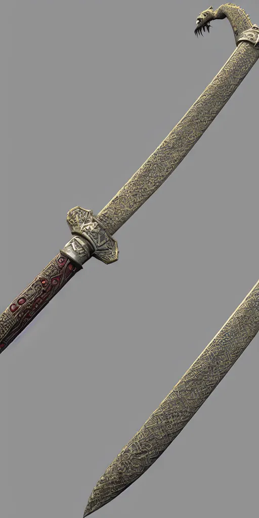 Image similar to a 3d model of a long sword, positioned vertically in the center, with dragon like handle