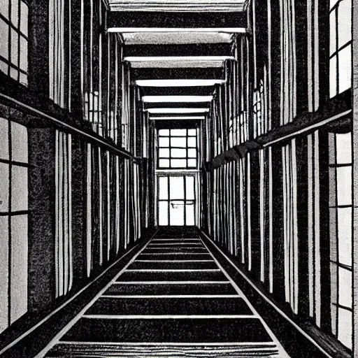 Image similar to a dark hallway with many doors and many stairs, Mc Escher architecture, epic composition, by Junji Ito