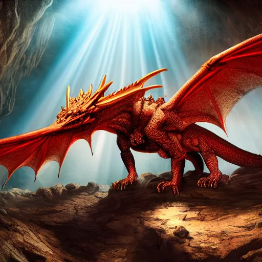 Prompt: photo of a large red scaly dragon sleeping on a giant pile of human bones in a dark dusty cave with a ray of light shining on it\'s face. Very detailed 8k. fantasy