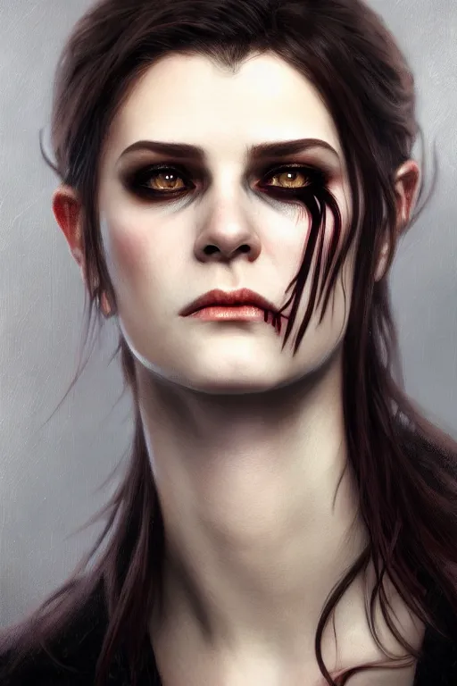 Image similar to photorealistic portrait of a young butch vampire woman, handsome, female, masculine, upper body, fantasy, fierce, sharp features, intricate, elegant, highly detailed, digital painting, artstation, concept art, matte, sharp focus, illustration, art by artgerm and greg rutkowski and alphonse mucha