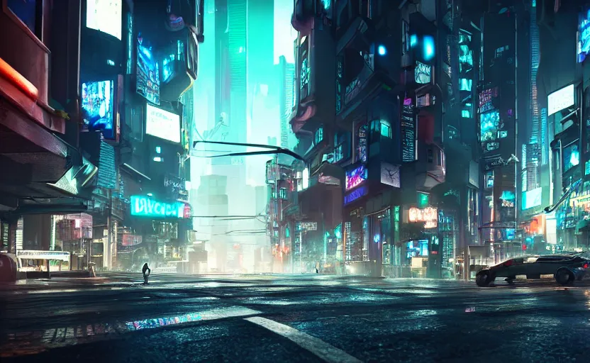 Image similar to photorealistic Cyberpunk city street with flying cars on the roads dark, wet, night light fixtures. 8K. detailed. photorealism. artstation. 25mm f/1.7 ASPH Lens. ultra realistic