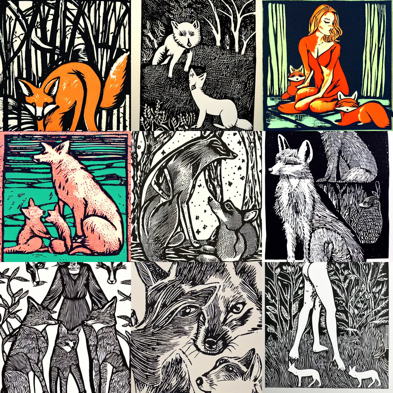 Prompt: pretty model with foxes, linocut art, classic, hyper realistic, peter green style,
