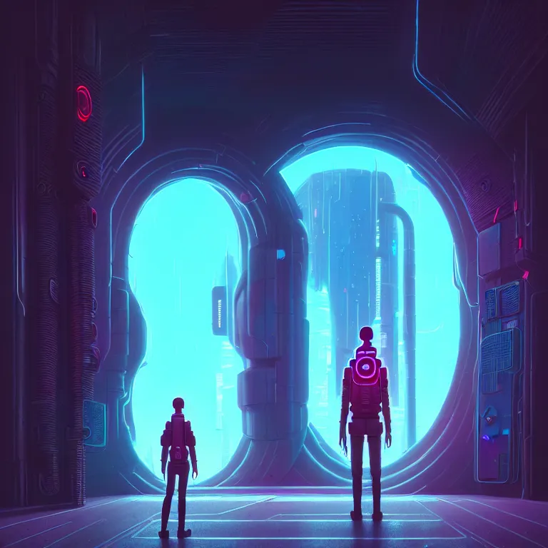 Prompt: a person standing in front of a portal, cyberpunk, epic surrealism, detailed digital matte painting in the style of simon stalenhag, josan gonzalez, artstation, psychedelic
