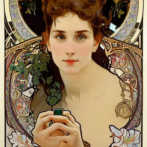 Image similar to a beautiful portrait of a woman hypnotially entranced by her iphone. highly detailed face. art by alphonse mucha and alphonse mucha and alfons mucha