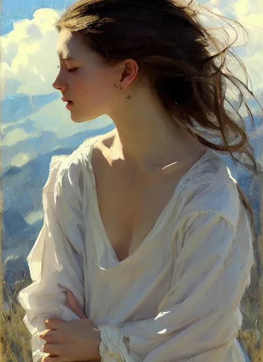 Image similar to portrait of girl dressed in white clothes , countryside, fantasy character portrait, dynamic pose, above view, view from above, sunny day, thunder clouds in the sky, artwork by Jeremy Lipkin and Giuseppe Dangelico Pino and Michael Garmash and rob rey, very coherent symmetrical artwork, perfect face, simple form, 100mm