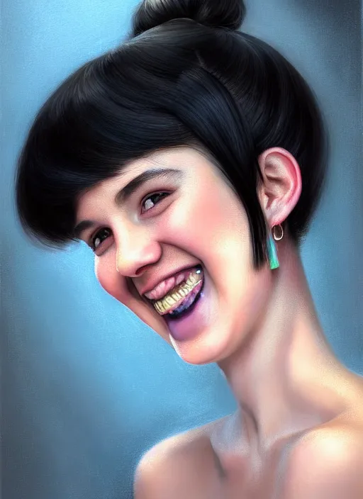 Image similar to portrait of white teenage girl, narrow face, short black hair, bangs, half updo hairstyle, buck toothed big smile, unattractive, defined jawline, long chin, wearing hair bow, earrings, intricate, elegant, glowing lights, highly detailed, digital painting, artstation, sharp focus, illustration, art by wlop, mars ravelo and greg rutkowski