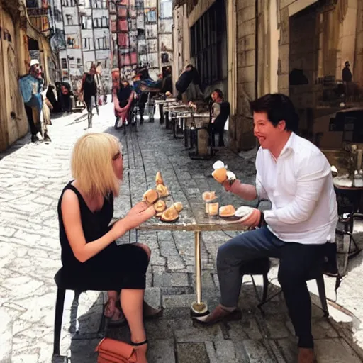 Prompt: a blonde woman & Michael mcintyre eating gelato & tea in Porto, greg rutkowski