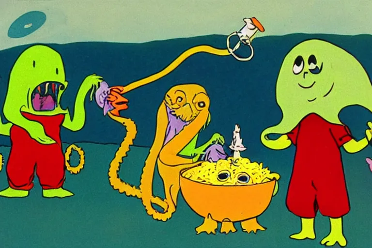 Image similar to full color frame from a 1972 kids show with Cthulhu and sad cheese puppet having a tickle picnic with furry ghost