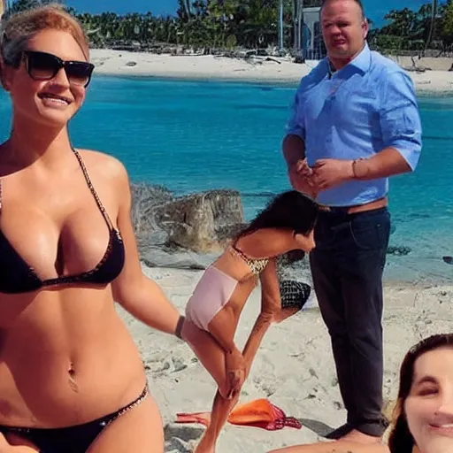 Image similar to photo of a 4 0 year old man that looks young for his age dating a very attractive 2 2 year old woman wearing a bikini. his wife is visibly upset in the background. lol