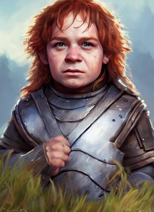 Prompt: A fantasy portrait painting of a halfling fighter prepared for battle on a beautiful meadow, DAZ, hyperrealistic, ambient light, dynamic light, trending on artstation, d&d, RPG portrait