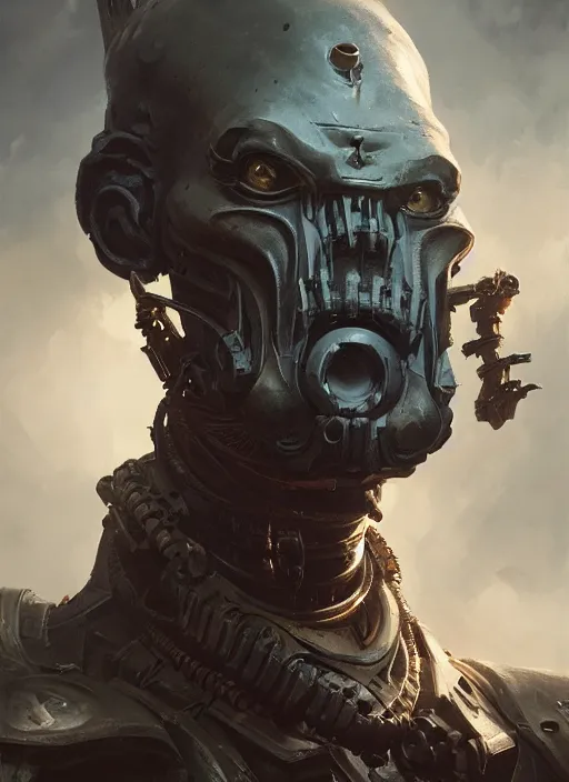 Image similar to hyper realistic portrait of warhammer android face, cinematic, chaos marine, artstation, cgsociety, full head, greg rutkowski, james gurney, mignola, craig mullins, brom