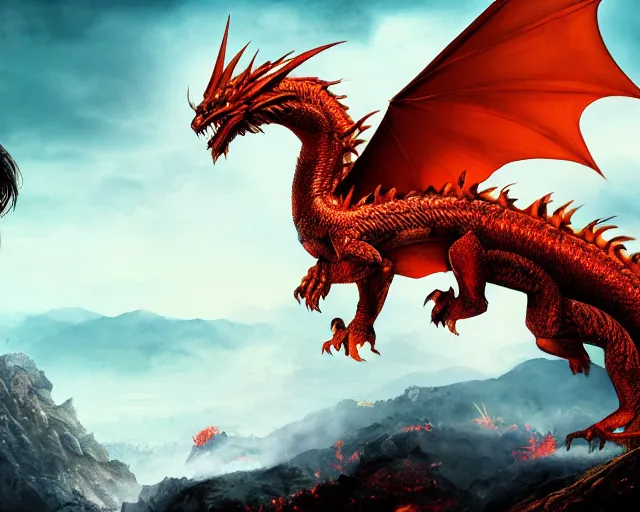 Image similar to giant fire dragon standing on a mountain, highly detailed, 4 k, hdr, award - winning, directed by zack snyder, trending on art station, matte