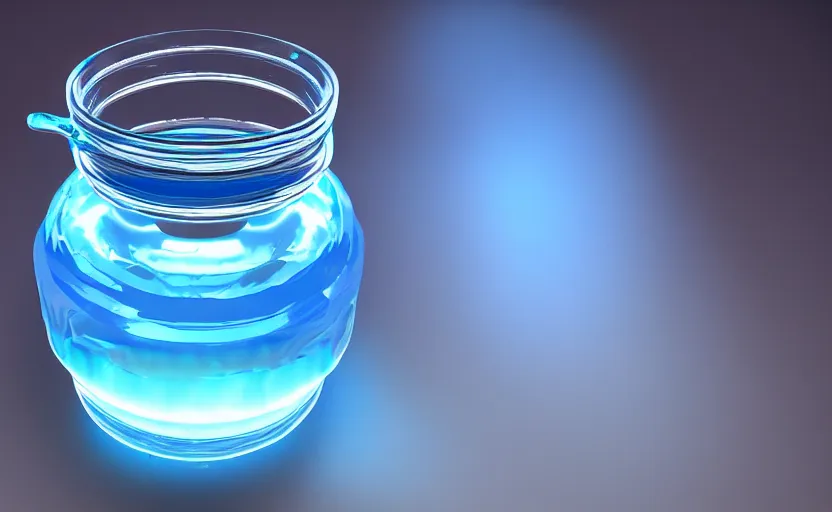 Image similar to a jar with bright cyan blue liquid in it, glowing, high detail, unreal engine