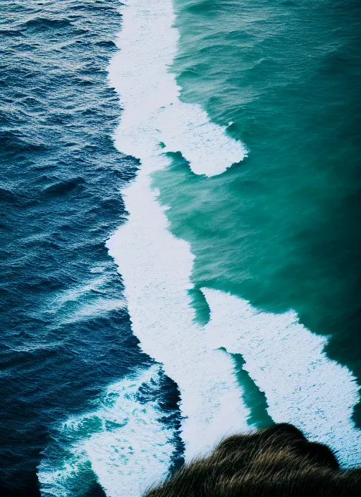 Image similar to a view of the ocean from a cliff, a tilt shift photo by liam wong, unsplash, naturalism, cinematic view, terragen, shot on 7 0 mm