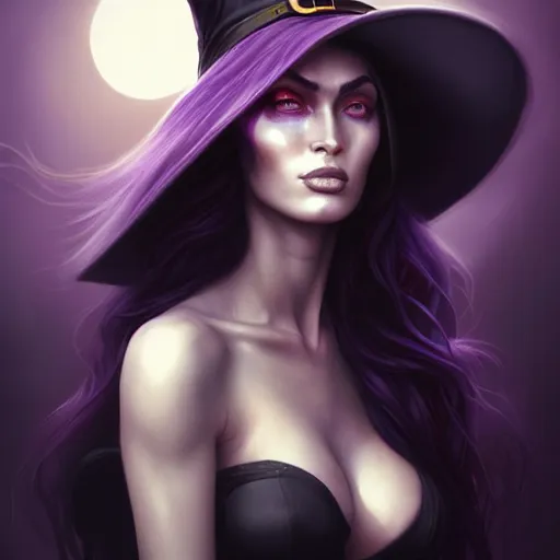 Image similar to an insanely detailed portrait of a beautiful witch that looks like megan fox with long dark purple hair, wearing black witch hat, in the style of peter mohrbacher, artgerm, dramatic lighting and composition, octane render, trending on artstation, concept art 8 k