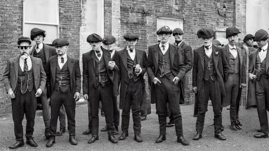 Prompt: a group peanut mans dressed like the peaky blinders