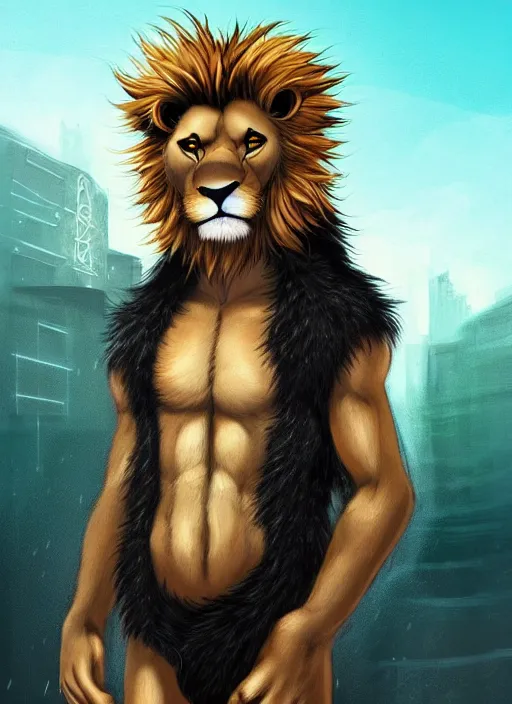 Image similar to award winning beautiful portrait commission of a male furry anthro lion fursona with a tail and a cute beautiful attractive detailed furry face wearing stylish black and gold swimming clothes in a cyberpunk beach at night while it rains. Character design by charlie bowater, ross tran, artgerm, and makoto shinkai, detailed, inked, western comic book art