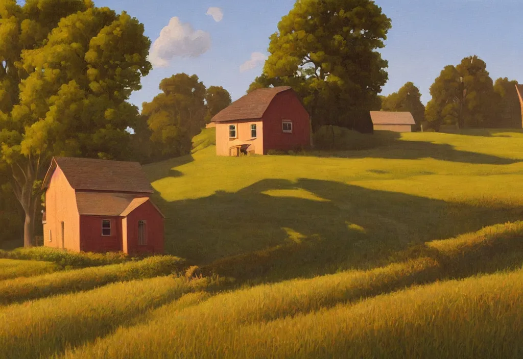 Image similar to a landscape painting of an old farm house in the countryside, summer, painting by kenton nelson, early morning light, puffy couds