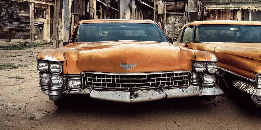 Prompt: a widescreen photo of a old cadillac full with old laughing happy old men with long hair, long beards, low light, by steve mccurry