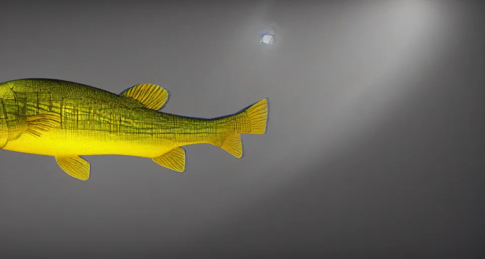 Image similar to a beautiful painting of a redfin perch, octane render, intricate, ultra wide angle, trending on artstation, black light, volumetric lighting, ray lighting from top of frame, crepuscular ray lighting from above, dynamic lighting, muted colors, polished, micro details, ray tracing, 8 k