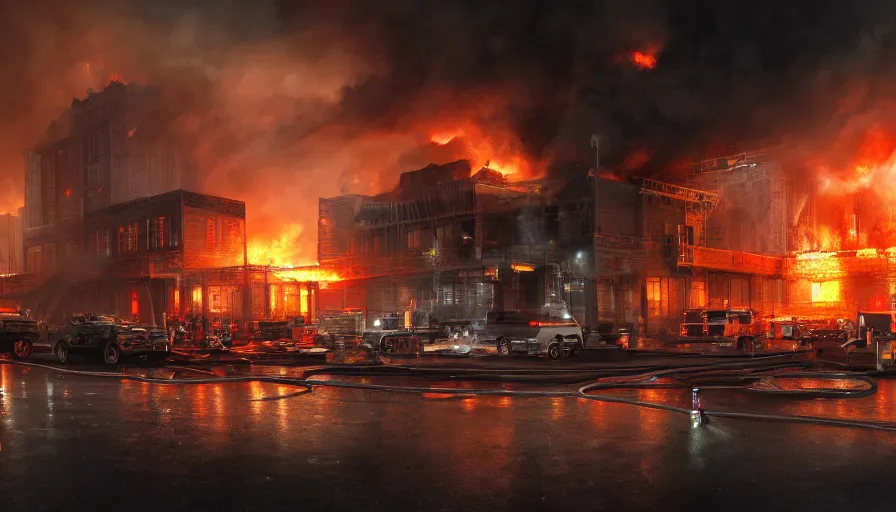 Prompt: A detailed render of a scene of Fire and explosions at the 3rd precinct in Minneapolis on fire, sci-fi concept art, lots of fire, dark, clouds, 8k, high detail, advanced rendering whimsically designed art, 4k post-processing highly detailed, Soft illumination