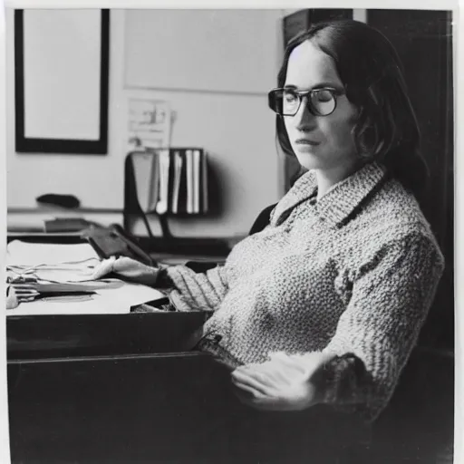 Prompt: a photographic portrait of a secretary sitting behind a desk, clothes in 1 9 7 0 th knitted burda style,