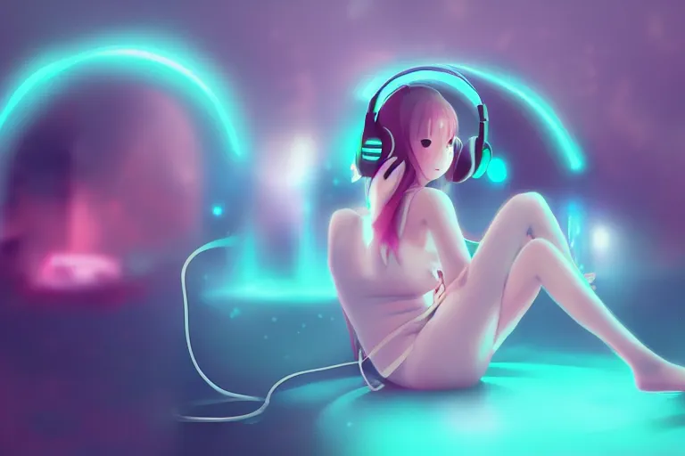 Prompt: a cute anime girl wearing headphones sitting on a cloud relaxing, misty, glows, digital art, hazy, foggy, ambient lighting, 8 k, neon, synthwave,