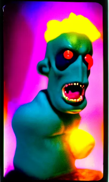 Image similar to colorful crystal gary busey creature, 9 0 s toy commercial, photo from the 7 0 s, horror lighting, neon lighting, polaroid photo,