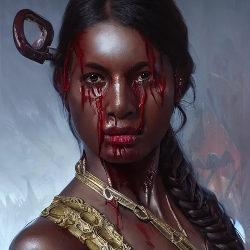 Prompt: painting of dark muscular oiled bengoli woman, bloody, carrying a sword, symmetric, ultra realistic, concept art, intricate details, eerie, highly detailed, photorealistic, octane render, 8 k, unreal engine. art by artgerm and greg rutkowski and alphonse mucha