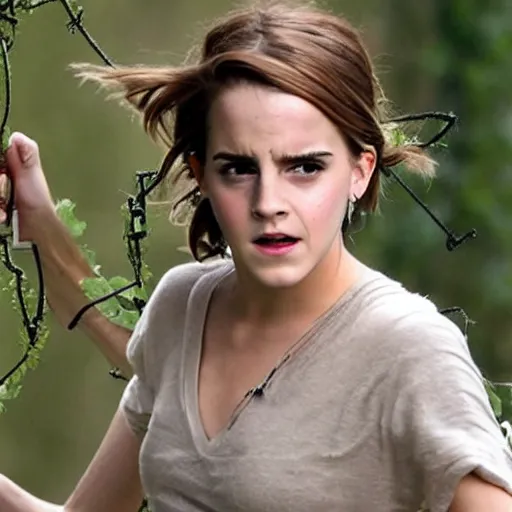 Prompt: angry angry emma watson hanging from and entangled in vines