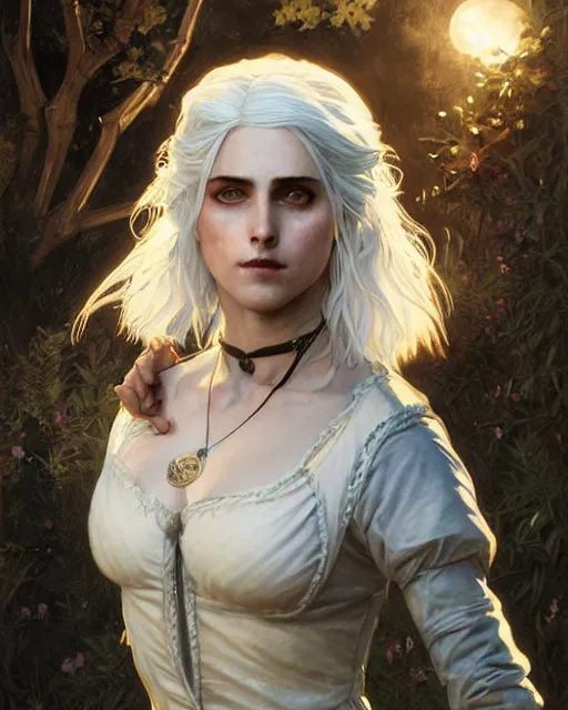 Image similar to Pre-Raphaelite Ciri from Witcher 3 by Artgerm and Greg Rutkowski, sharp focus, sun rays, full body, wearing haute couture by schiaparelli, intricate, elegant, highly detailed, digital painting, pale