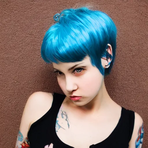 Image similar to photo of young cute punk girl with blue pixie cut, hyper detailed h - 1 0 2 4 w - 1 0 2 4