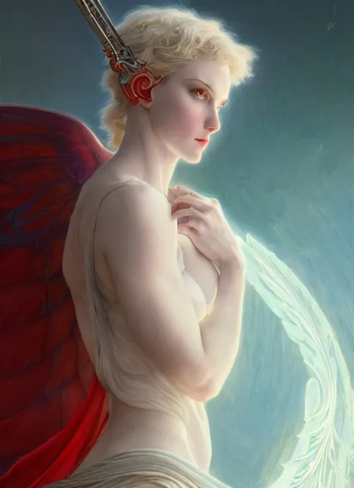 Image similar to the pale blond angel of battle apollo smirking, sci fi, glowing eyes, volumetric lights, red and cyan theme, art nouveau botanicals, intricate, highly detailed, digital painting, artstation, concept art, smooth, sharp focus, cinematic, illustration, beautiful face, art by artgerm and greg rutkowski and alphonse mucha