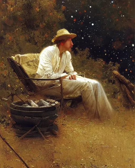 Image similar to very very attractive man counts the stars at night from beside the fire, his tent is nearby, melancholy, nostalgia, painting by gaston bussiere, craig mullins, j. c. leyendecker