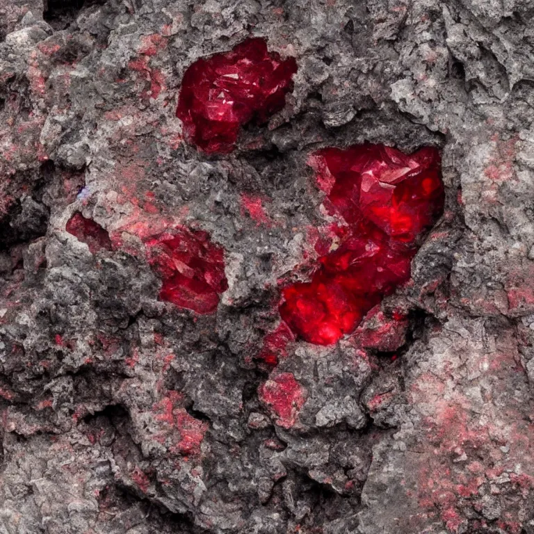 Prompt: big red ruby crystal gems embedded in rock, worn decay texture, intricate concept art painting, fantasy, nature grotesque dark