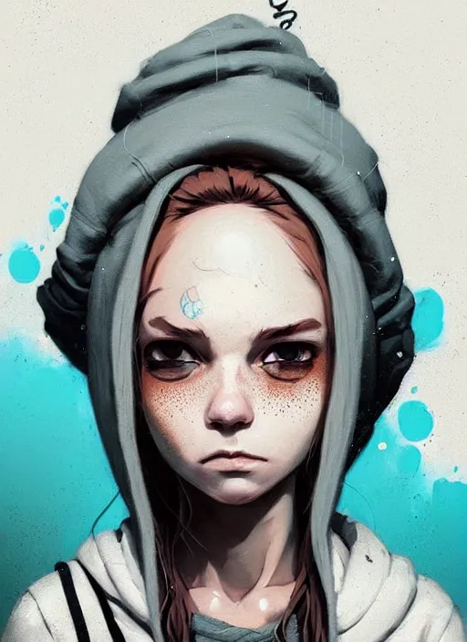 Image similar to highly detailed portrait of a sewer punk swedish young lady, hoodie, white hair by atey ghailan, by greg rutkowski, by greg tocchini, by james gilleard, by joe fenton, by kaethe butcher, gradient light blue, blonde, brown, cream and white color scheme, grunge aesthetic!!! ( ( graffiti tag wall background ) )