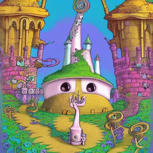 Image similar to anthropomorphic fantasy castle, a castle laughing, organic, bubbly towers and gates, eyes and tongue, surreal, cute artwork by studio ghibli, jim woodring