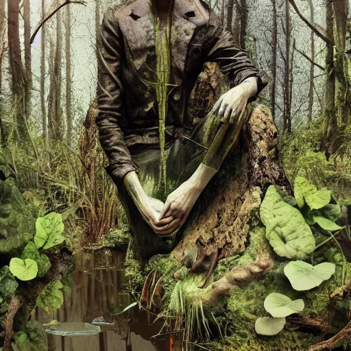 Image similar to Enigmatic Slender Man with Mud and Moss over his skin and plants growing on him is kneeling in a dirty pond, Photorealistic, Sunlight, Creepy, Nature, Hyperrealism, Hyperdetailed