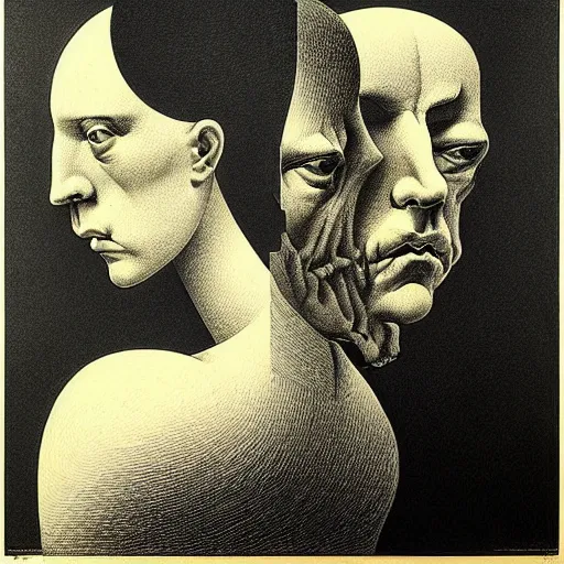 Image similar to lithography on paper conceptual figurative post - morden monumental portrait by goya and escher, illusion surreal art, highly conceptual figurative art, intricate detailed illustration, controversial poster art, polish poster art, geometrical drawings, no blur