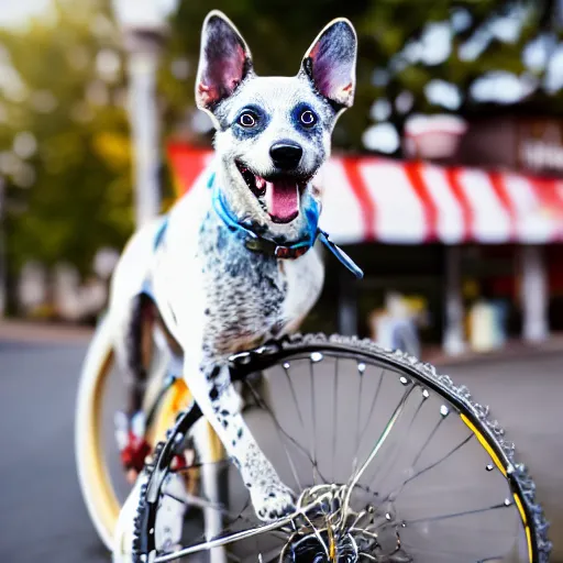 Image similar to blue heeler dog on a bike, 8 k photography, blurred background of a wafflehouse