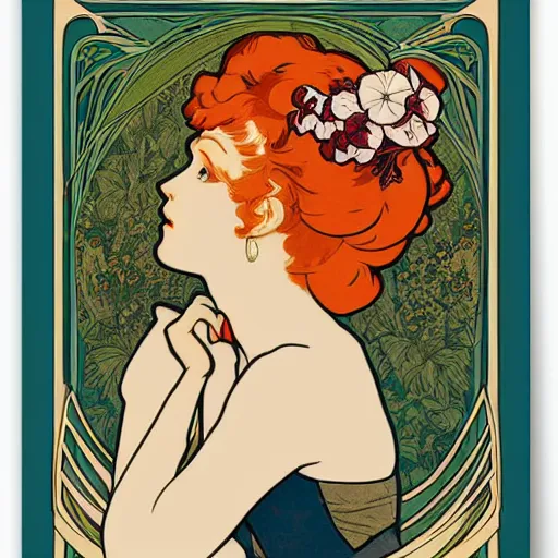 Prompt: Art nouveau vertical poster of a very very very beautiful redheaded woman with glasses wearing a flower dress, elegant pinup, in the style of Alphonse Mucha