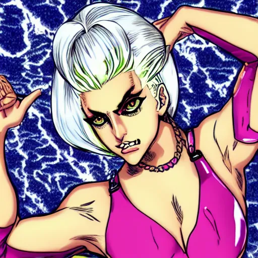 Prompt: Lady Gaga in the style of Jojo’s Bizarre Adventure manga style, jojo cover art, Jojolion art style, Steel Ball Run art style, Illustrated by Hirohiko Araki