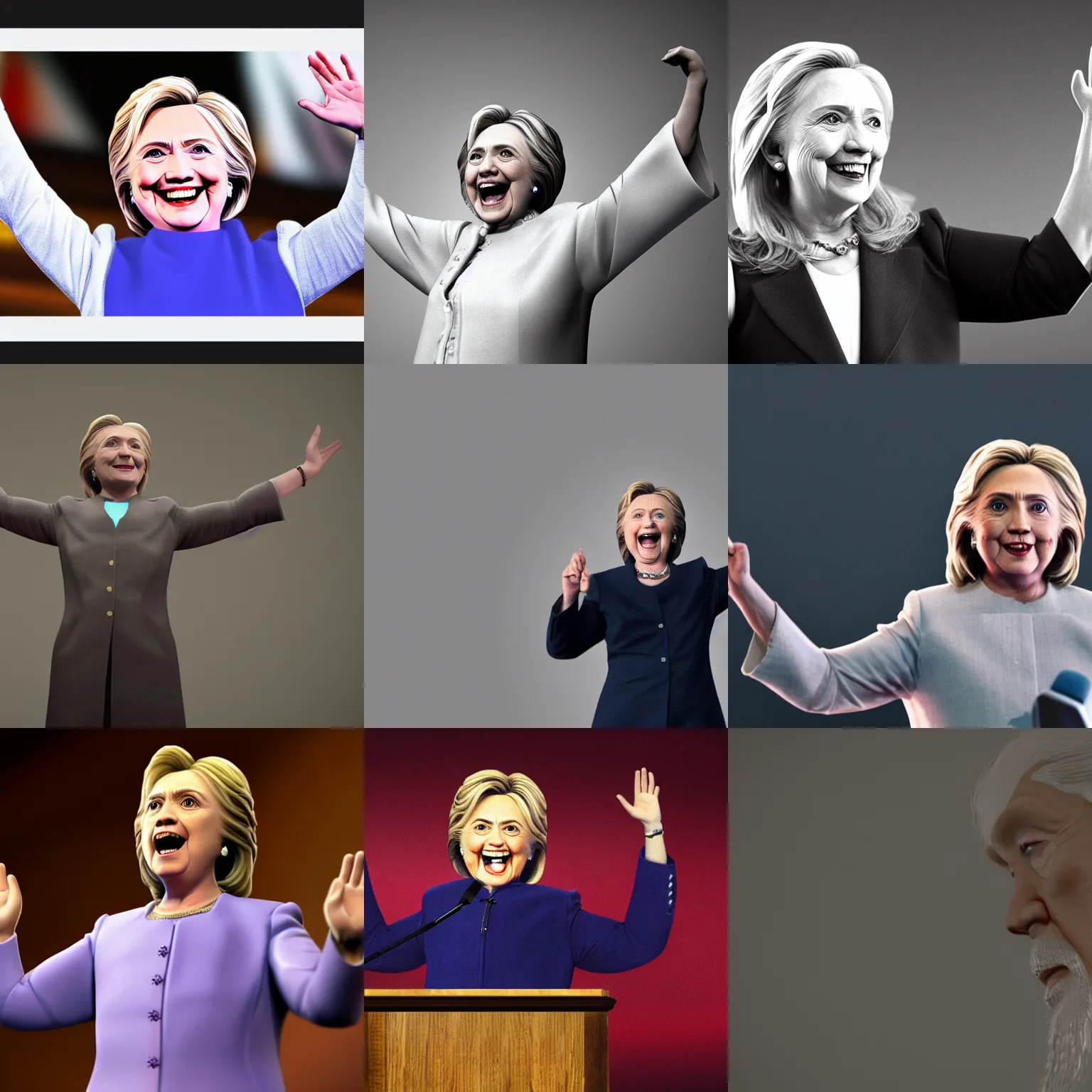 Prompt: Hillary Clinton with a long white gandalf beard and raising arms, 4K, octane rendering