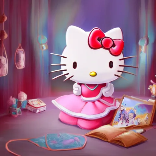 Image similar to backrooms level Hello Kitty stage, digital Painting, ultradetailed, artstation, oil Painting, ultradetailed, artstation