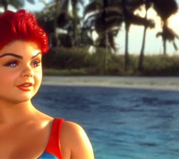 Prompt: color still shot of ariel winter on baywatch 1 9 8 9 tv show, face closeup,