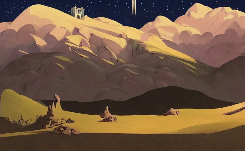 Image similar to mountains, stars and paisley filled sky, artstation, intricate, highly detailed, digital painting, concept art, sharp focus, illustration by Edward Hopper and Roger Dean and Piero della Francesca and Yves Tanguy and Michael Whelan and Jean Claude Mézières and Enki Bilal and Benjamin Lacombe and Megan Duncanson and Tom Whalen and Charles Williams